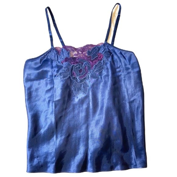 Natori Silky Lace Trim Babydoll Cami Top SzM Blue Violet Y2K Fairy New Romantic - Picture 1 of 9